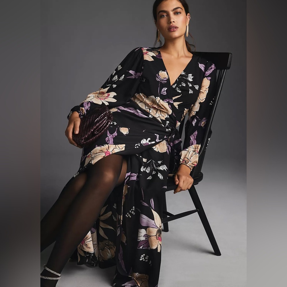 Anthropologie Hutch Wrap Long Sleeve Maxi Dress floral print romantic size MP - Picture 3 of 16
